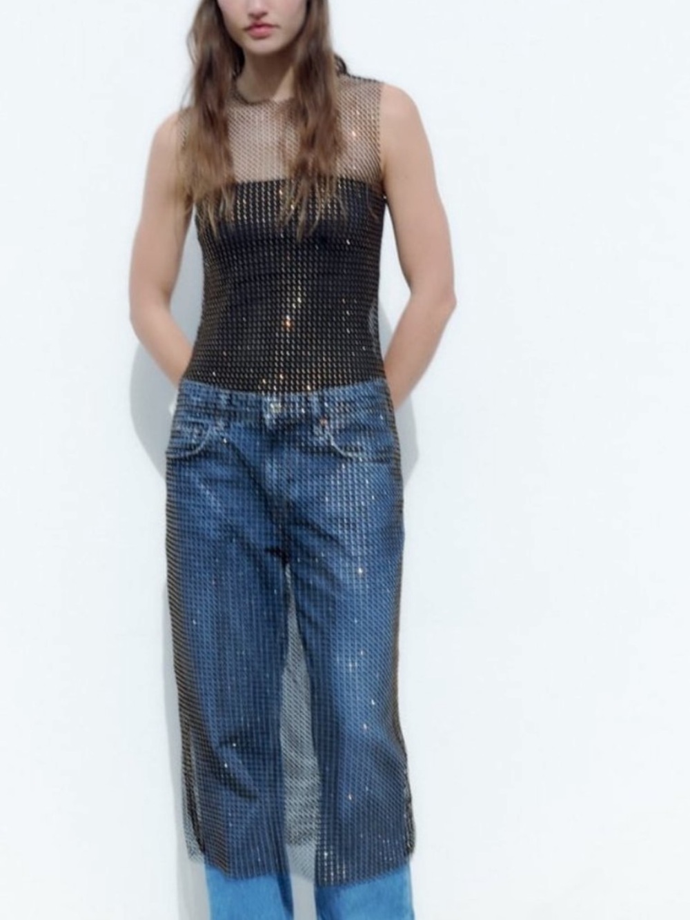 Zara Black and Gold mesh rhinestone dress